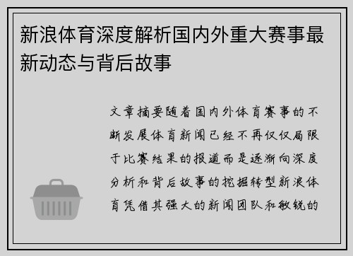 新浪体育深度解析国内外重大赛事最新动态与背后故事 新浪体育深度解析国内外重大赛事最新动态与背后故事